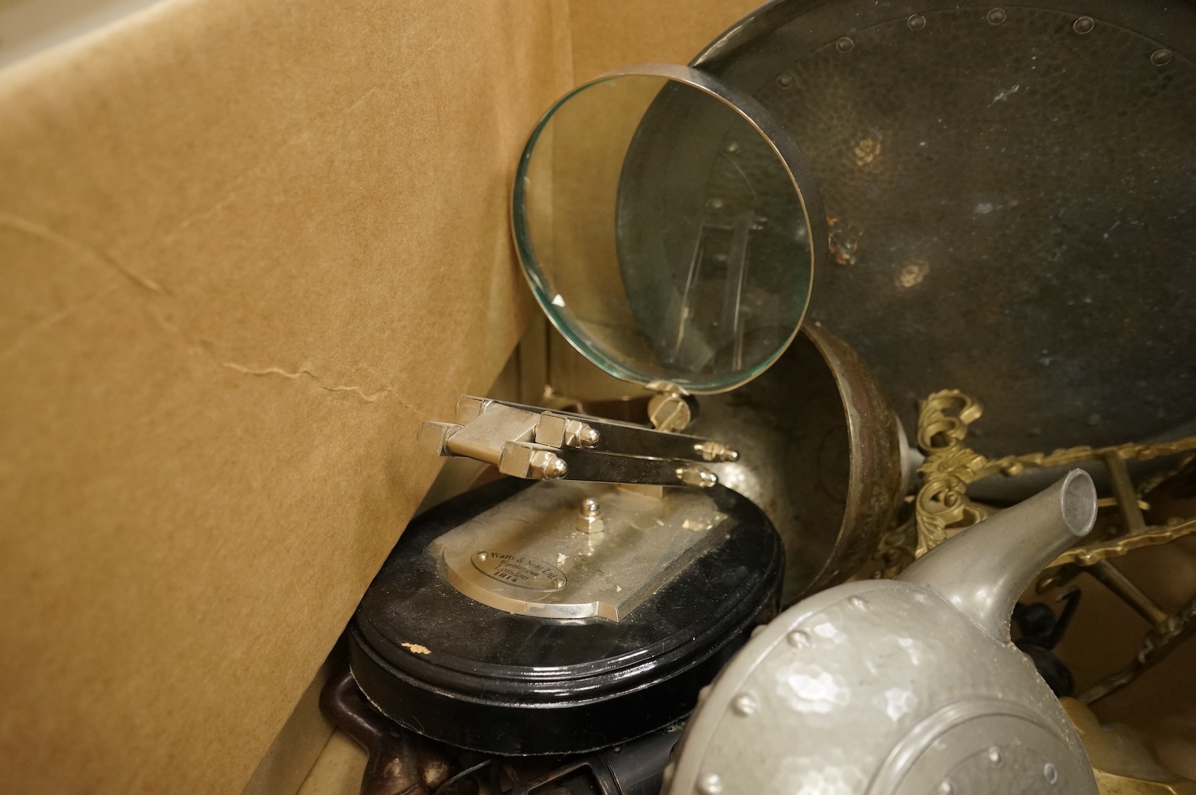 An Arts & Crafts pewter teaset and tray and a collection of mixed metalware
